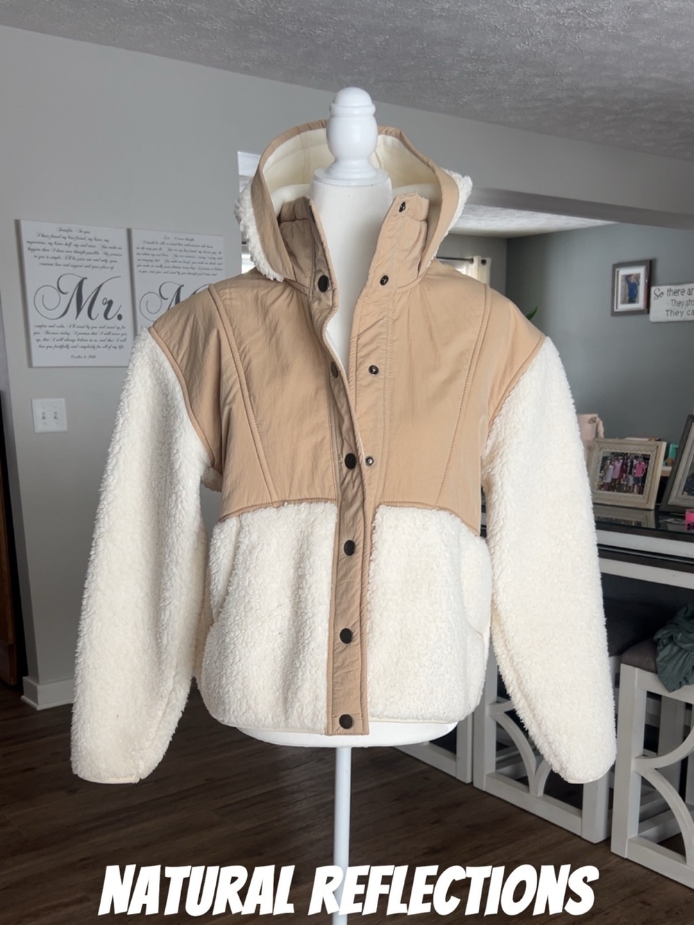 Natural Reflections Cream Sherpa Jacket with Tan Quilted Yoke